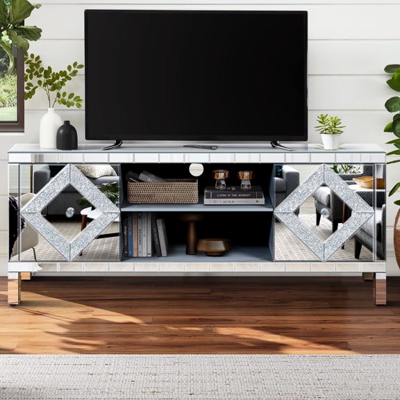 65+ Inch Tv Mirrored Cabinet Stand, Silver Console Table With Open Storage & 2 Shelves, Modern Living Room Cabinets, Element