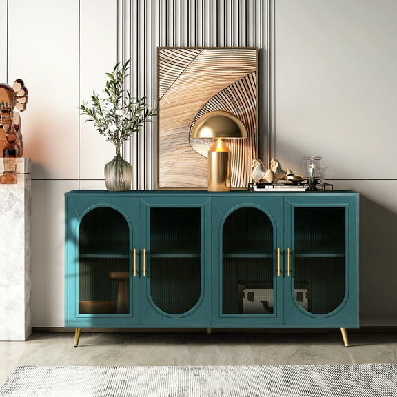 65+ Inch Tv Stand, Wood Cabinet With Glass & Adjustable Shelves, Navy Blue For Living Room Stand Screens, Storage Console Bedroom