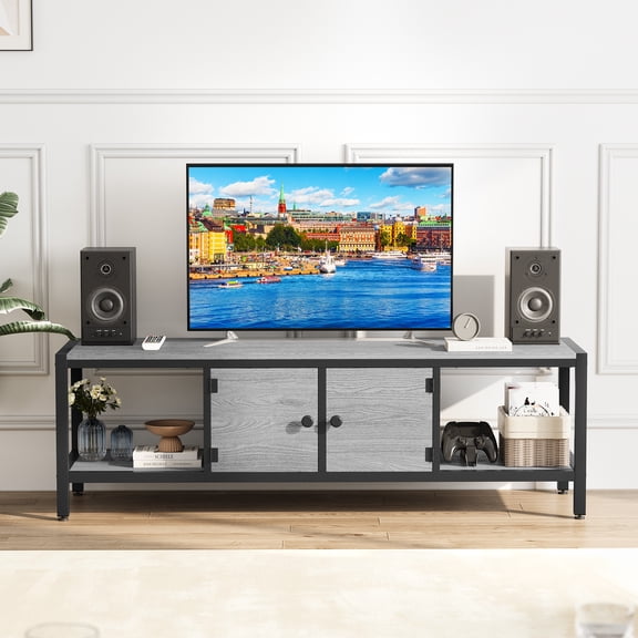 65 Inches TV Stand for TV Up to 75 Inches, TV Console with 2 Closed Storage Spaces and Open Shelves, Bedroom TV Stand with Adjustable Feet for Living Room, Bedroom