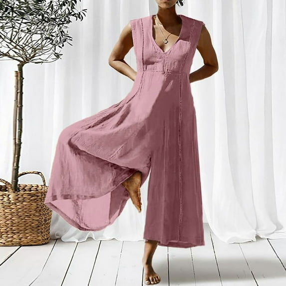 Joau Plus Size Jumpsuits for Women Summer Dressy Cotton Linen Casual Sleeveless V Neck Loose Rompers Boho Vintage Wide Leg Baggy Overalls S-5XL