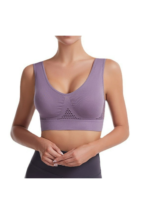 Women's Mesh Sports Bra - Breathable Removable Padded Wirefree Seamless Workout Yoga Bra Fitness Crop Tank Top with Built in Shelf Bra
