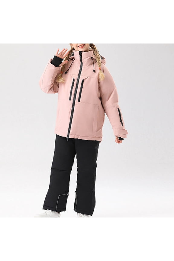 Kids Ski Jacket & Pants Set Winter Snowboarding Rain Coats Girls Boys Snow Suits Children's Solid Color Ski Suit Windproof Warm Children's Solid Color Skiing Set Black 6Years(8)
