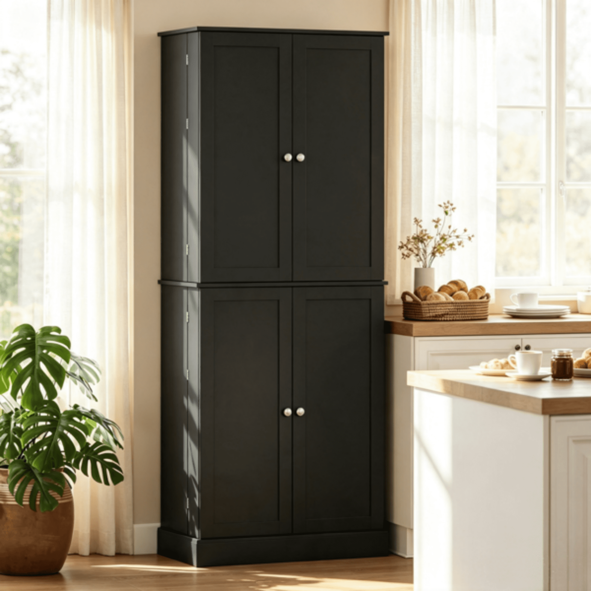 65" Kitchen Pantry Cabinet, 4-Door with 16 Shelves, Black
