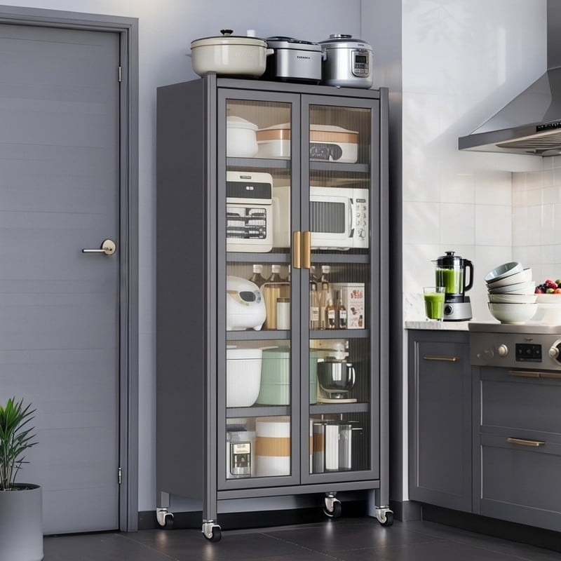 65" Kitchen Pantry Storage Cabinet, 6 Tier Metal Display Storage Cabinet with Transparent Door, Adjustable Shelves & Wheels, Food Pantries Cabinets, for Kitchen and Dining Room