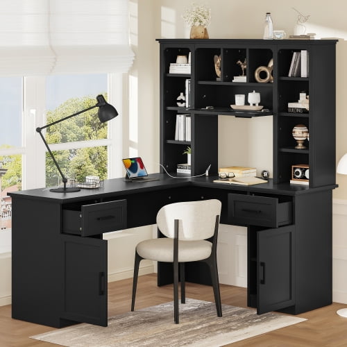 65" L-Shaped Computer Desk with Power Outlet, 2 Cabinets, 2 Drawers & 11 Open Shelves, Corner Workstation for Home Office Study Living Room, Black