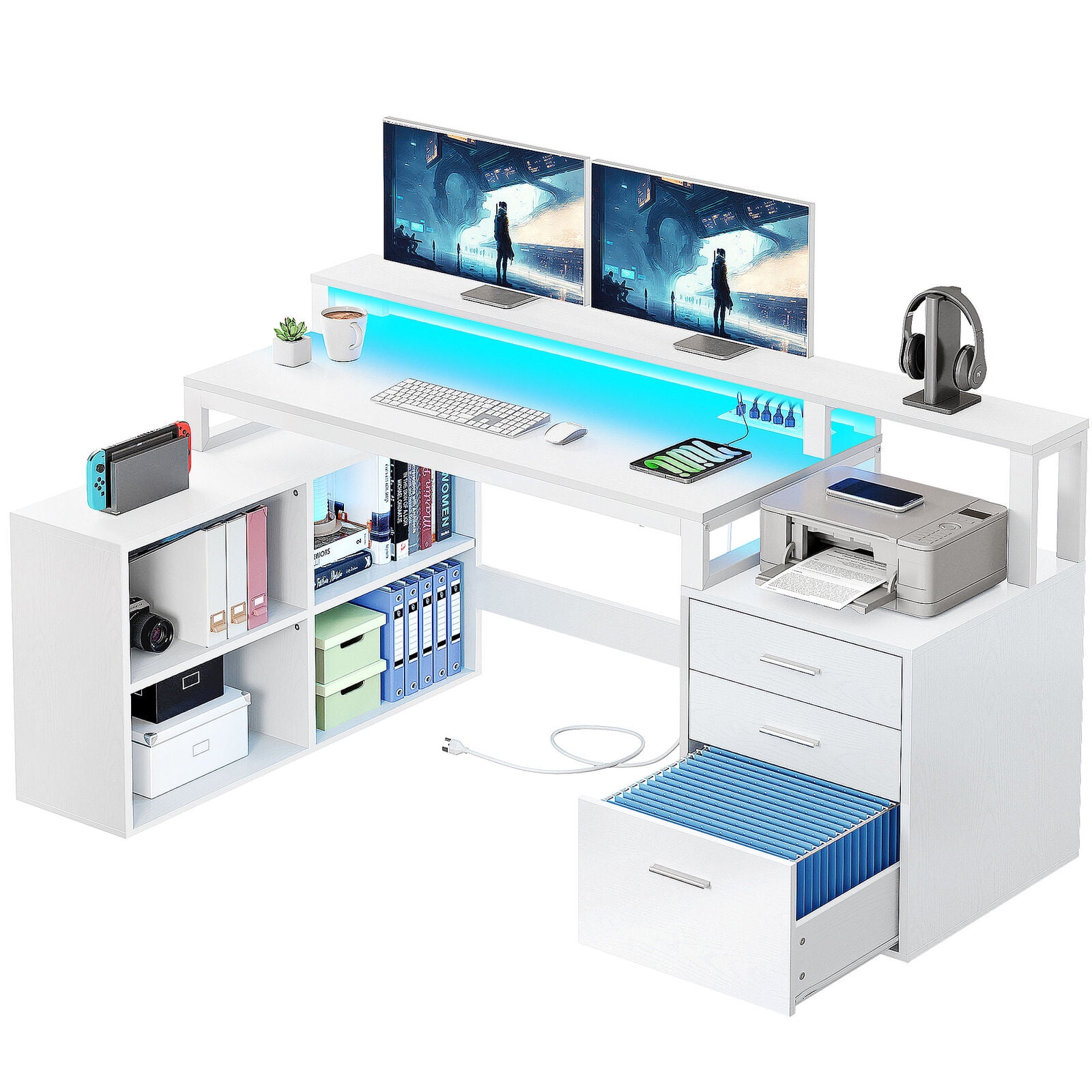 White L-Shaped Computer Desk with Drawers, Power Outlets, and LED Lights