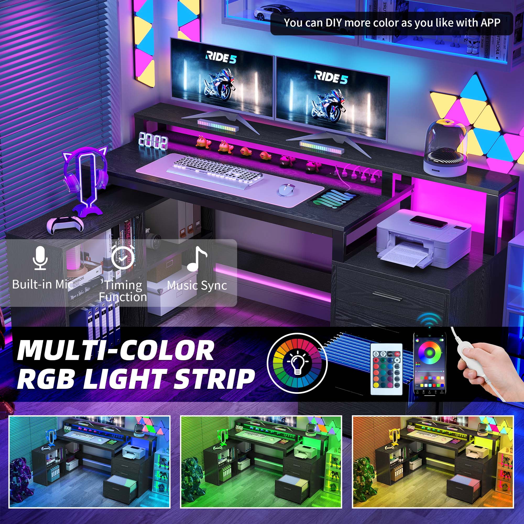 65" L Shaped Desk with Power Outlets and Monitor Stand , Computer Desk with LED Light &File Cabinet, Corner Desk with 3 Drawers & 4 Open Storage Shelves, White Modern Home Office Desk, Black