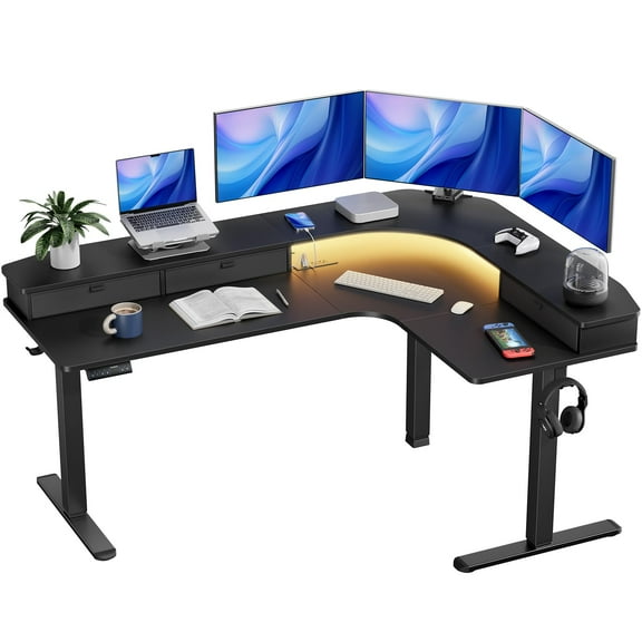 65 L-Shaped Standing Desk with Power Outlets & LED Strip, Support C-Clamp Mount, Electric Height Adjustable Corner Computer Desk with 3 Drawers, Sit Stand Up Desk with Large Power Strip Holder