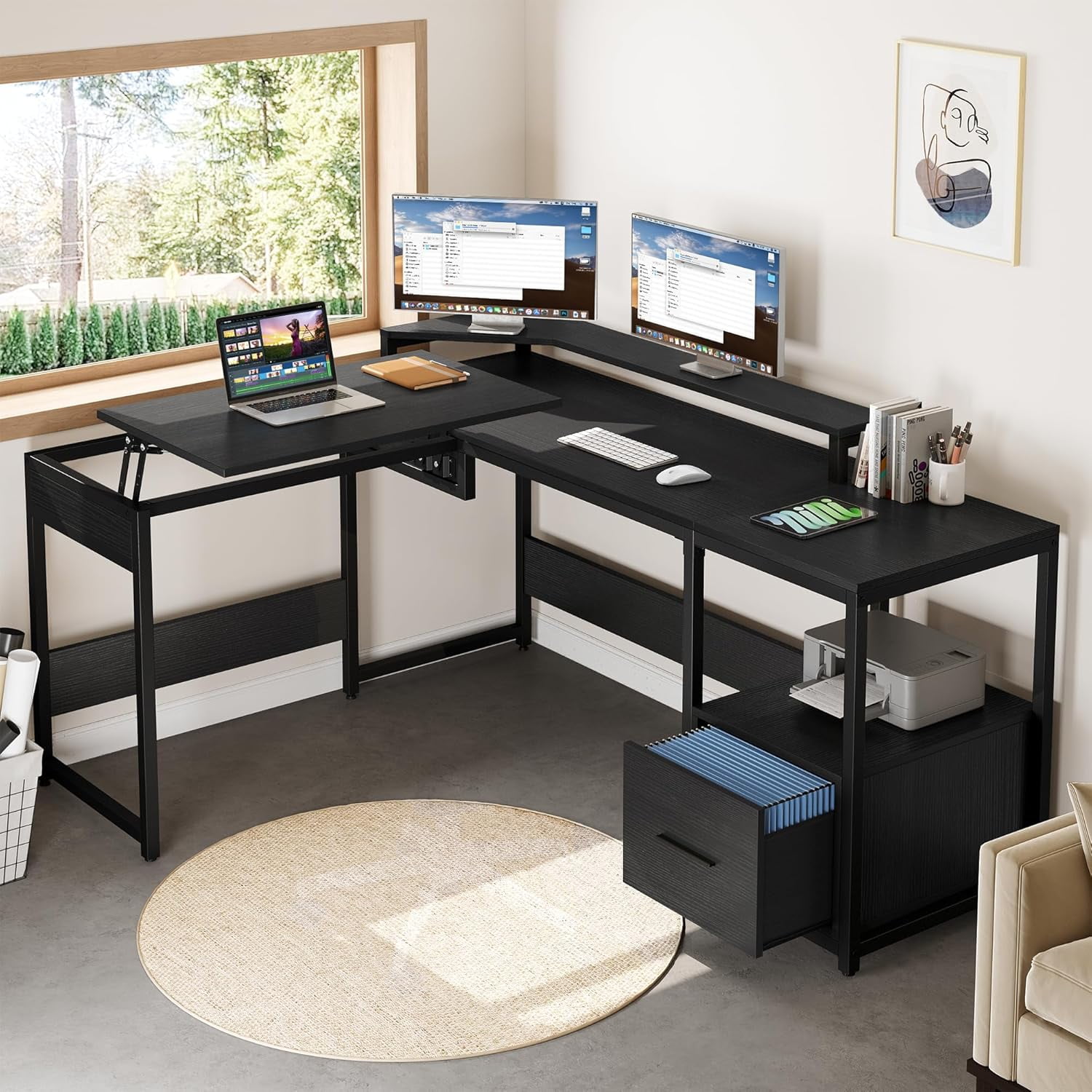 Black L-Shaped Computer Desk with Drawer and USB Port