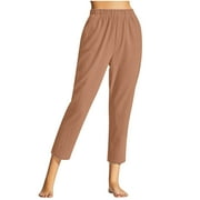 DZXYZU up to 65% off Ladies Trousers Elegant 3/4 Capri Pants Dressy Straight Leg Slacks Loose Elasticated Waist Trousers Casual Solid Color Pants Slim Fit Wide Leg Slacks Pockets Trousers