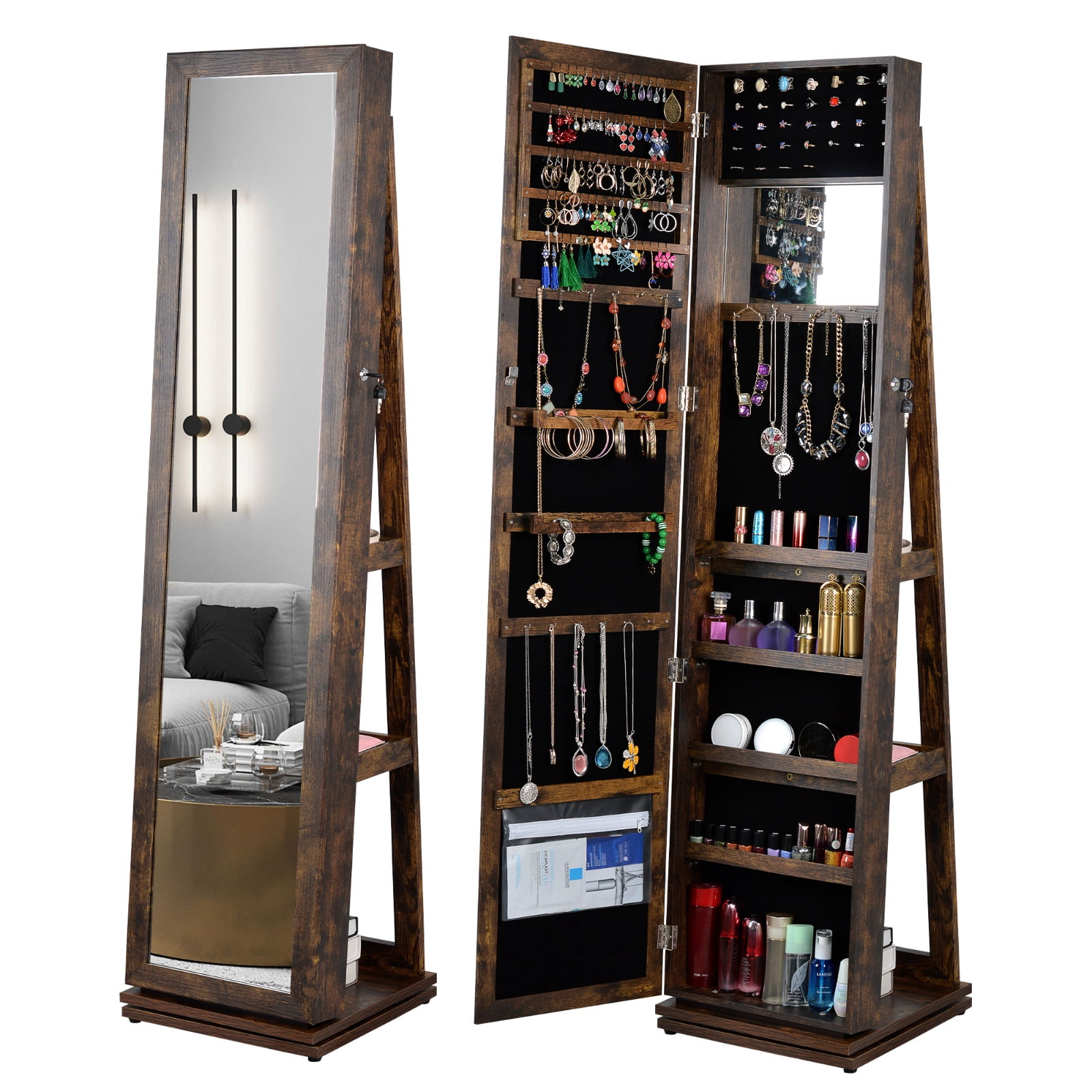 Jewelry Cabinet Armoire With Full Length Mirror - 360° Swivel & Wall Mount, Lockable With LED Lights & Drawers | Antique Brown Organizer