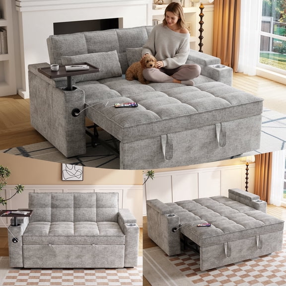 65" Loveseat Sofa Bed,3-in-1 Sleeper Sofa,2 Seater Convertible Couch with Adjustable Backrest,Swivel Side Table and USB,Hidden Storage,Pull Out Bed(Chenille,Gray)