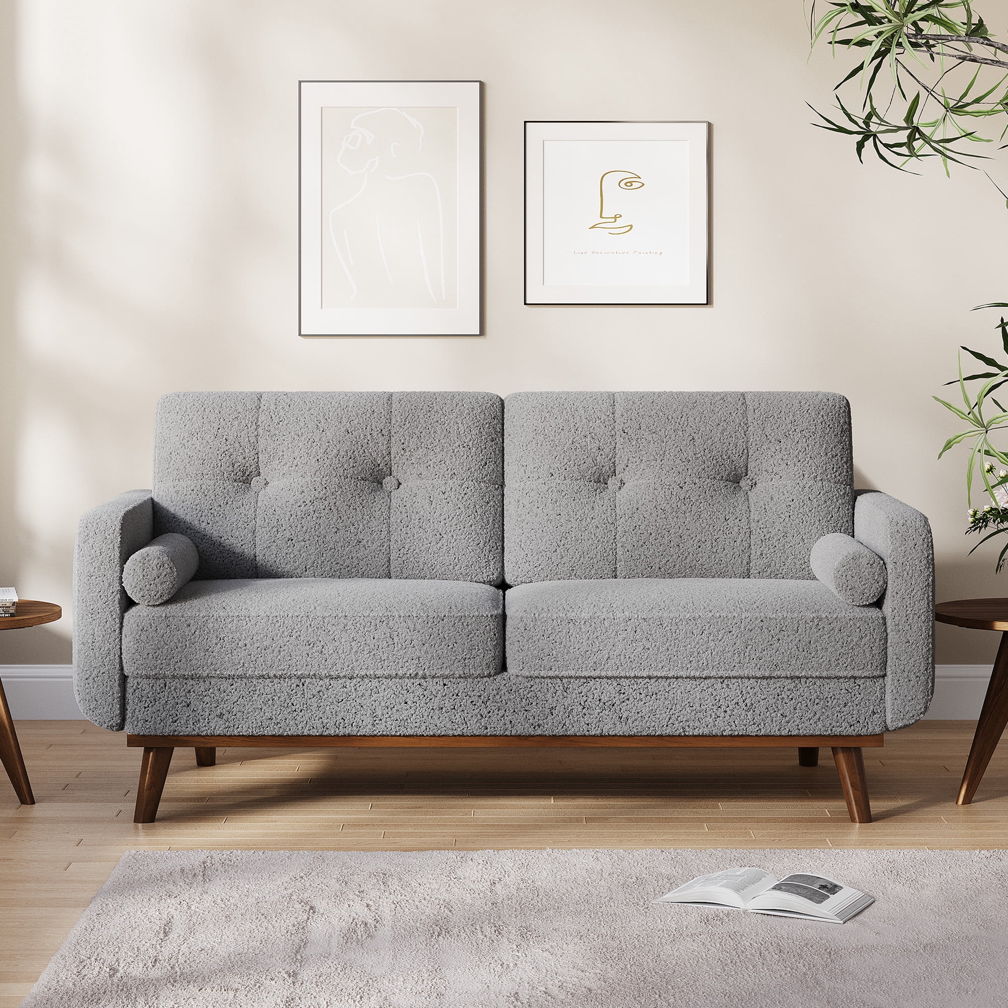 65" Loveseat Sofa, Mid Century Modern Couch Comfy Love Seat Couches for Living Room, 2 Seater Deep Seat Couch Teddy Fleece Boucle Upholstered Couches for Bedroom Office Small Space, Beige