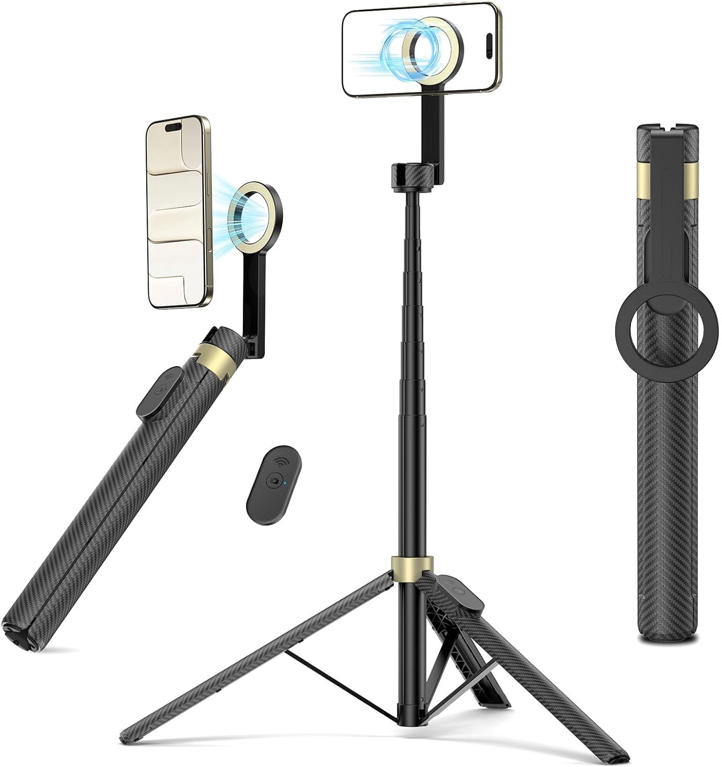 65" Magnetic Tripod for iPhone, with Remote, 360° Rotatable Extendable Travel Phone Stand Metal Ring, Compatible iPhone Android