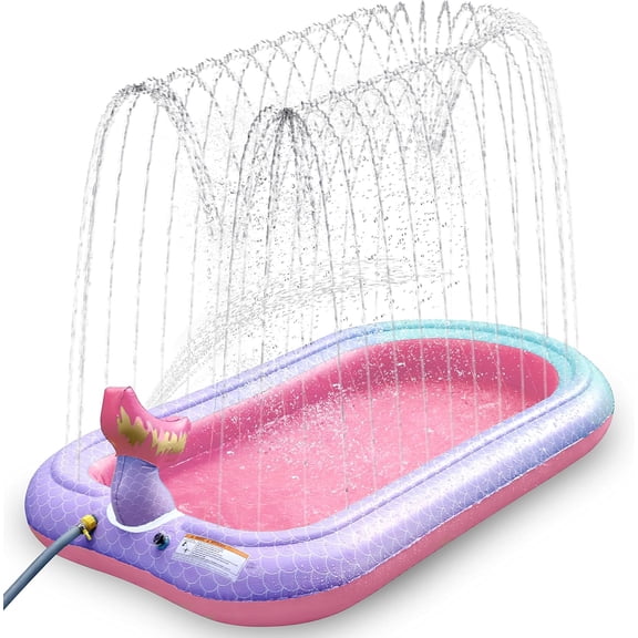 65" Mermaid Splash Pad & Sprinkler for Kids, Large Outdoor Water Play Mat Summer Inflatable Wading Pool, Fun Sprinkler Water Toys Gifts for Toddlers Babies Boys Girls Age 3+ -Pink