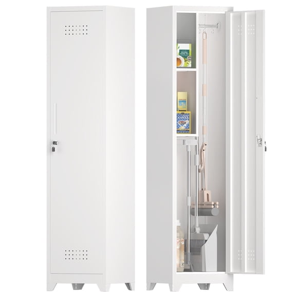 65 Metal Broom Storage Cabinet with Hooks, Narrow Cleaning Cabinet for Utility Room, Heavy-Duty Steel Lockable Storage for Garage and Laundry