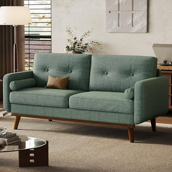 65" Mid Century Modern Loveseat Sofa, Linen Upholstered 2-Seater Couch, Deep Seat Love Seat for Living Room, Bedroom, Office, Small Space, Green