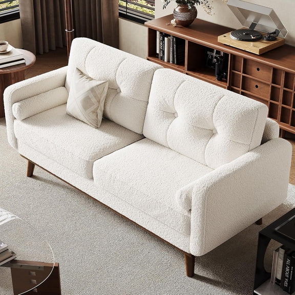 65" Mid Century Modern Loveseat Sofa for Small Spaces, 2 Seater Boucle Upholstered Sofa with Button Tufted Design & Wood Legs