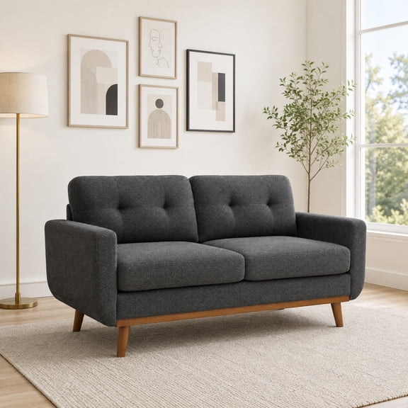 65" Modern 2-Seater Sofa with Nubby Upholstery, Tufted Backrest and Solid Wood Legs, Compact Loveseat Couch for Living Room, Bedroom, Apartment