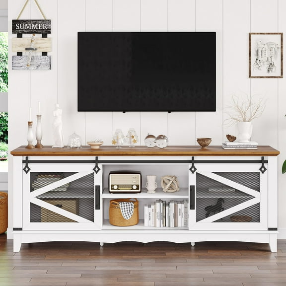 65" Modern Farmhouse TV Stand - White Entertainment Center for up to 75" TVs with Sliding Barn Doors, Storage, and Adjustable Shelves