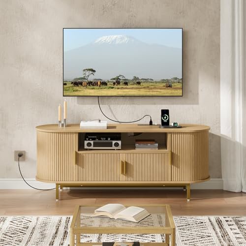 65" Modern TV Stand with Power Outlet, Wave Pattern Design Media Console with Hidden Storage & Open Shelf for TVs up to 65", for Living Room, Bedroom, Natural MDS06UNL$$Furniture