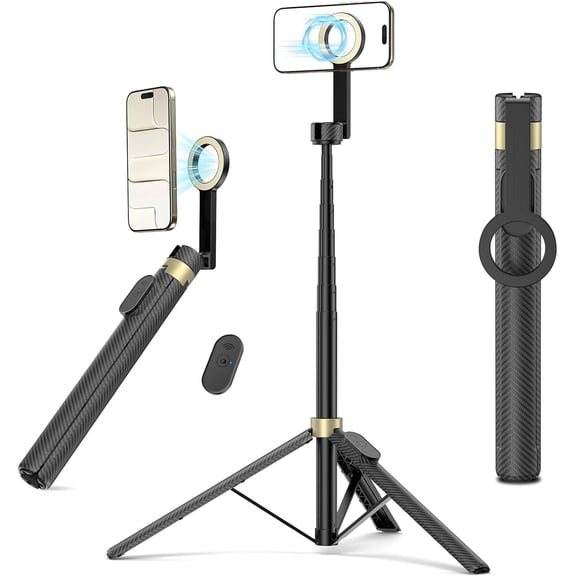 65" Monopod Magnetic Tripod for iPhone, Selfie Stick with Remote, 360 Rotatable Extendable Travel Phone Stand Metal Ring, Compatible iPhone Android