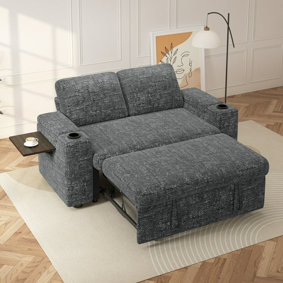 65" Multifunctional Chenille Loveseat Sleeper Sofa with Pull-Out Bed, Adjustable Backrest, USB Charging Ports, Cup Holders, Side Table & Storage Armrests, Easy Assembly