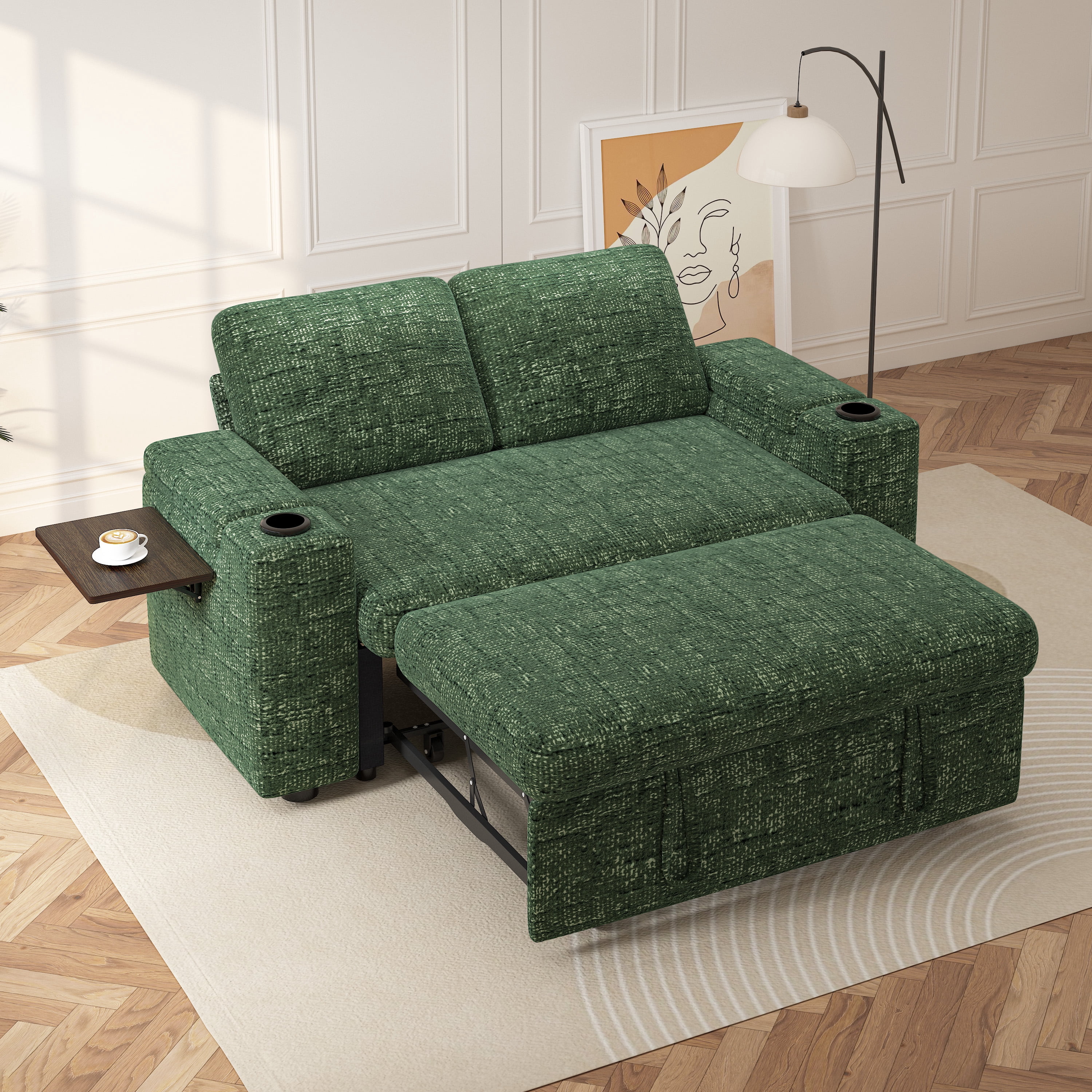 65" Multifunctional Chenille Loveseat Sleeper Sofa with Pull-Out Bed, Adjustable Backrest, USB Charging Ports, Cup Holders, Side Table & Storage Armrests, Easy Assembly