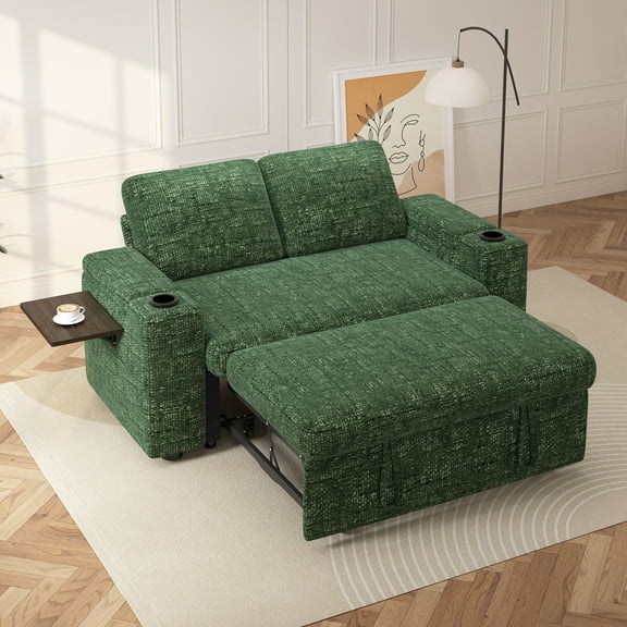 65" Multifunctional Chenille Loveseat Sleeper Sofa with Pull-Out Bed, Adjustable Backrest, USB Charging Ports, Cup Holders, Side Table & Storage Armrests, Easy Assembly