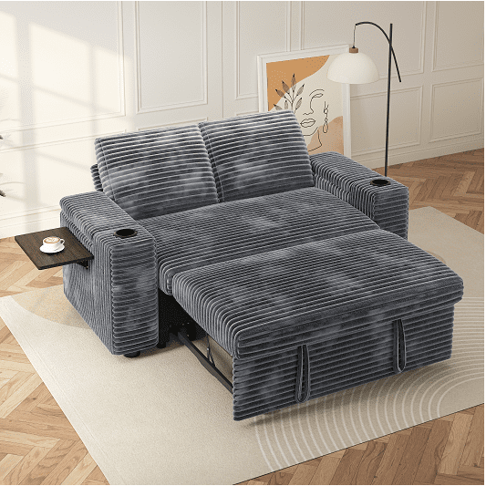 65" Multifunctional Plush Corduroy Loveseat Sleeper Sofa with Pull-Out Bed, Adjustable Backrest, USB Charging Ports, Cup Holders, Side Table & Storage Armrests, Easy Assembly