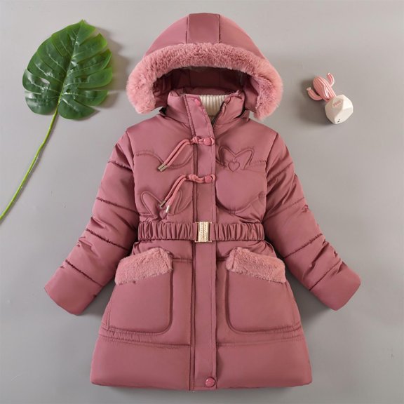 Ndbuld Winter Children Kid's Boy Girl Jacket Fashion Girls' Winter ChildrenThick Solid Color Cotton Clothes Detachable Hat Mid To Long Length Cotton Clothes Winter Coat Cotton Clothes