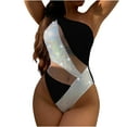 thumbnail image 1 of Up to 65% off !Npasoilc One Piece Swimsuit for Women Hollow Out Mesh See-Through Sequins Patchwork Bikini With Chest Pad One-Shoulder Solid Color Slim- Bathing Suit, 1 of 7