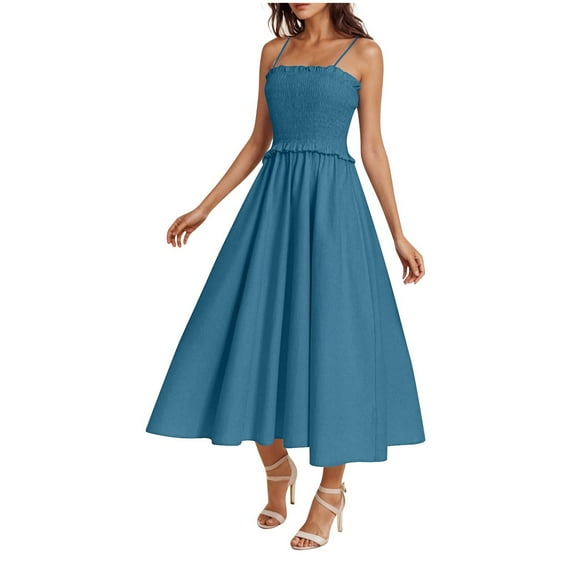 Up to 65% Off! Fmbrln Womens Summer Adjustable Spaghetti Strap Dress Fashion Sleeveless Square Neck Smocked Patchwork Flowy Midi Dress Beach A Line Sundress