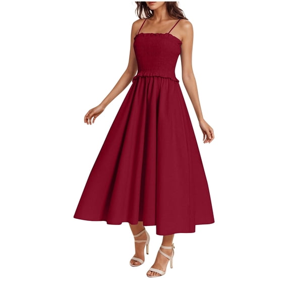 Up to 65% Off! Fmbrln Womens Summer Adjustable Spaghetti Strap Dress Fashion Sleeveless Square Neck Smocked Patchwork Flowy Midi Dress Beach A Line Sundress