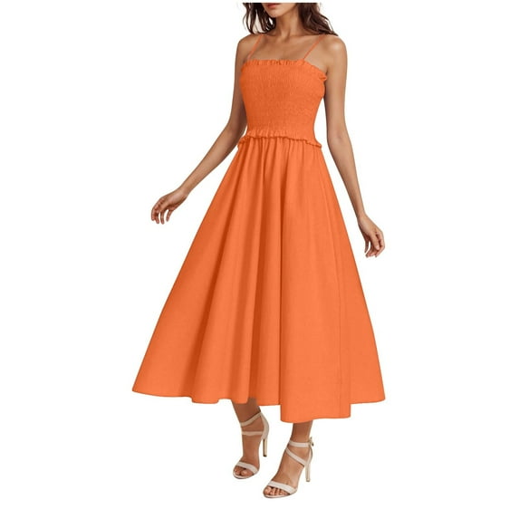 Up to 65% Off! Fmbrln Womens Summer Adjustable Spaghetti Strap Dress Fashion Sleeveless Square Neck Smocked Patchwork Flowy Midi Dress Beach A Line Sundress