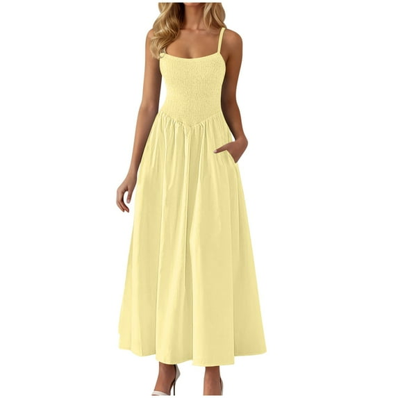 Up to 65% Off! Fmbrln Womens Summer Adjustable Spaghetti Strap Long Dress Casual Sleeveless Smocked Patchwork Flowy Maxi Dress with Pockets Vacation Beach Sundress