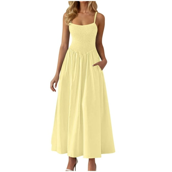 Up to 65% Off! Fmbrln Womens Summer Adjustable Spaghetti Strap Long Dress Casual Sleeveless Smocked Patchwork Flowy Maxi Dress with Pockets Vacation Beach Sundress