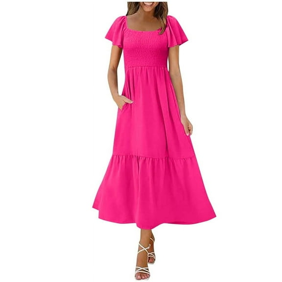 Up to 65% Off! Fmbrln Womens Summer Dress Fashion Ruffle Short Sleeve Square Neck Smocked Tiered Flowy A Line Midi Dress with Pockets Casual Loose Vacation Sundress