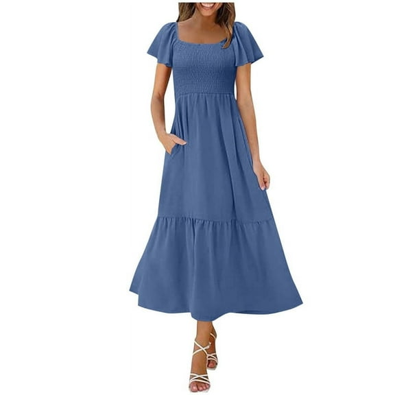 Up to 65% Off! Fmbrln Womens Summer Dress Fashion Ruffle Short Sleeve Square Neck Smocked Tiered Flowy A Line Midi Dress with Pockets Casual Loose Vacation Sundress