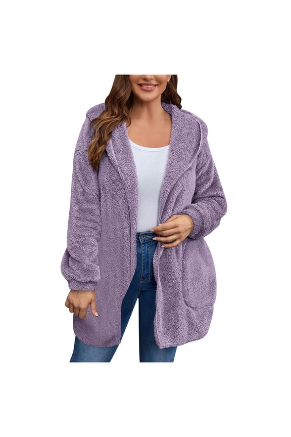 Womens Outwear Plus Size, Solid Winter Faux Coats Long Sleeve Hoddede Pockets Fleece Jacket Casual Trendy Outerwear