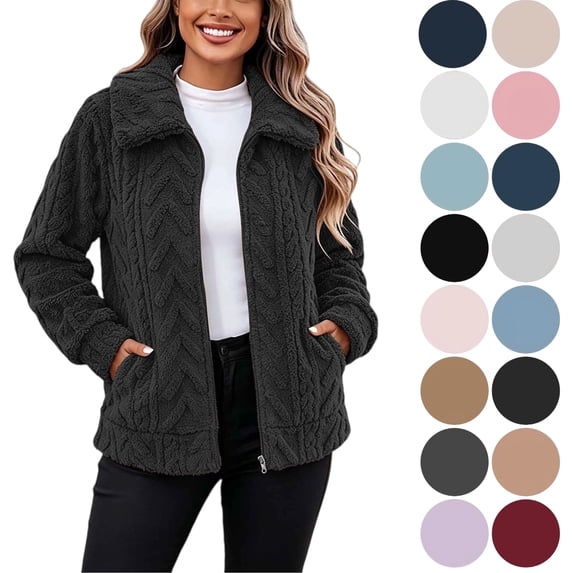 Womens Winter Coats Long Sleeve Solid Hoodies Pockets Fleece Jacket Casual Trendy Overcoats