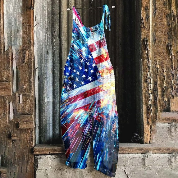 Up to 65% Off! Xuniizn Independence Day Jumpsuits for Women Summer Casual Loose Flag Printing Wide Leg Spaghetti Strap Round Neck Rompers with Pockets Breathable Holiday Overalls