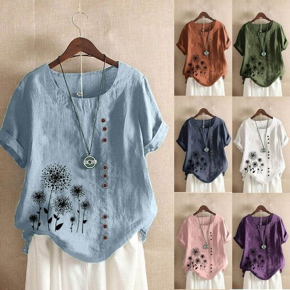 Up to 65% Off! Xuniizn Linen Shirts for Women Casual Loose Floral Printing Button Down Round Neck Short Sleeves Shirts Summer Soft Lightweight Blouse Tops, Gifts for Mom