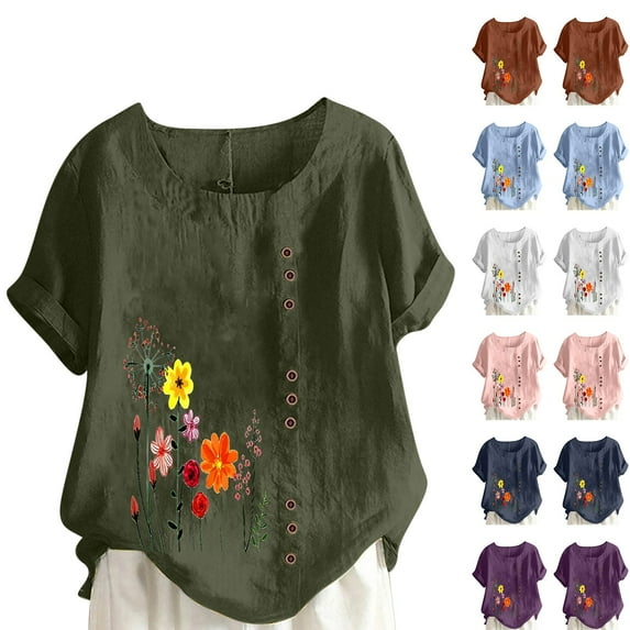 Up to 65% Off! Xuniizn Linen Shirts for Women Casual Loose Floral Printing Button Down Round Neck Short Sleeves Shirts Summer Soft Lightweight Blouse Tops, Gifts for Mom
