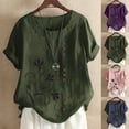 thumbnail image 1 of Up to 65% Off! Xuniizn Linen Shirts for Women Plus Size Casual Loose Floral Printing Button Down Round Neck Short Sleeves Shirts Summer Soft Lightweight Blouse Tops, Gifts for Mom, 1 of 6