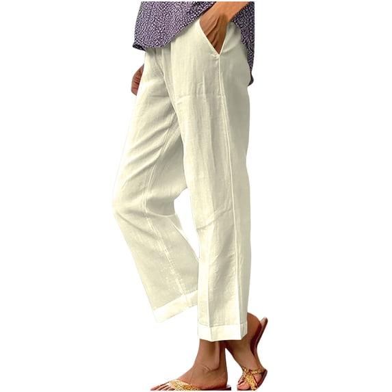 cocolona Womens Plus Size Summer Cotton Linen Pants Trendy Versatile Straight Lounge Trousers Solid Color Loose Work Pants with Pockets, S-5XL