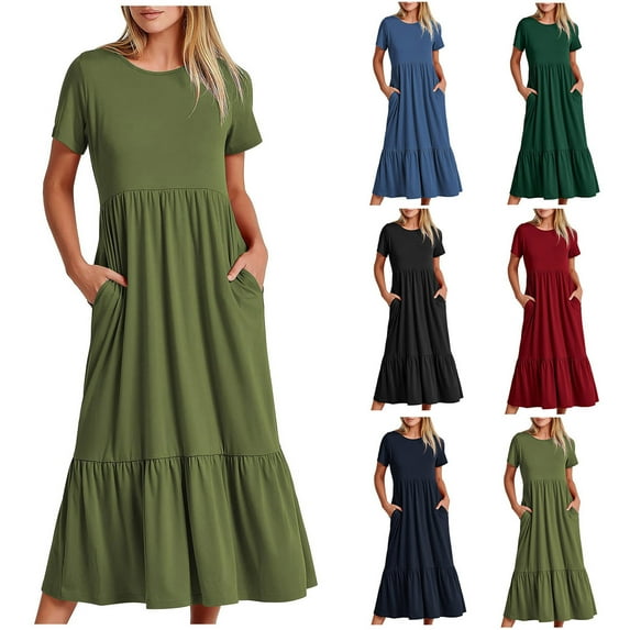 Up to 65% Off! pstuiky Dresses for Women 2025, A-Line Dress Solid Color Short Sleeve Crew Neck Sundresses High Waist with Pockets Calf Length Dresses Evening Dresses for Women Anniversary
