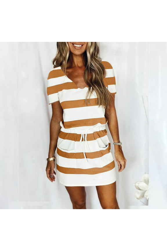 Sundresses for Women , T-Shirt Dress Striped Short Sleeve V-Neck Sundresses High Waist with Pockets Knee Length Dresses with Belt Women's Cocktail Dresses Party