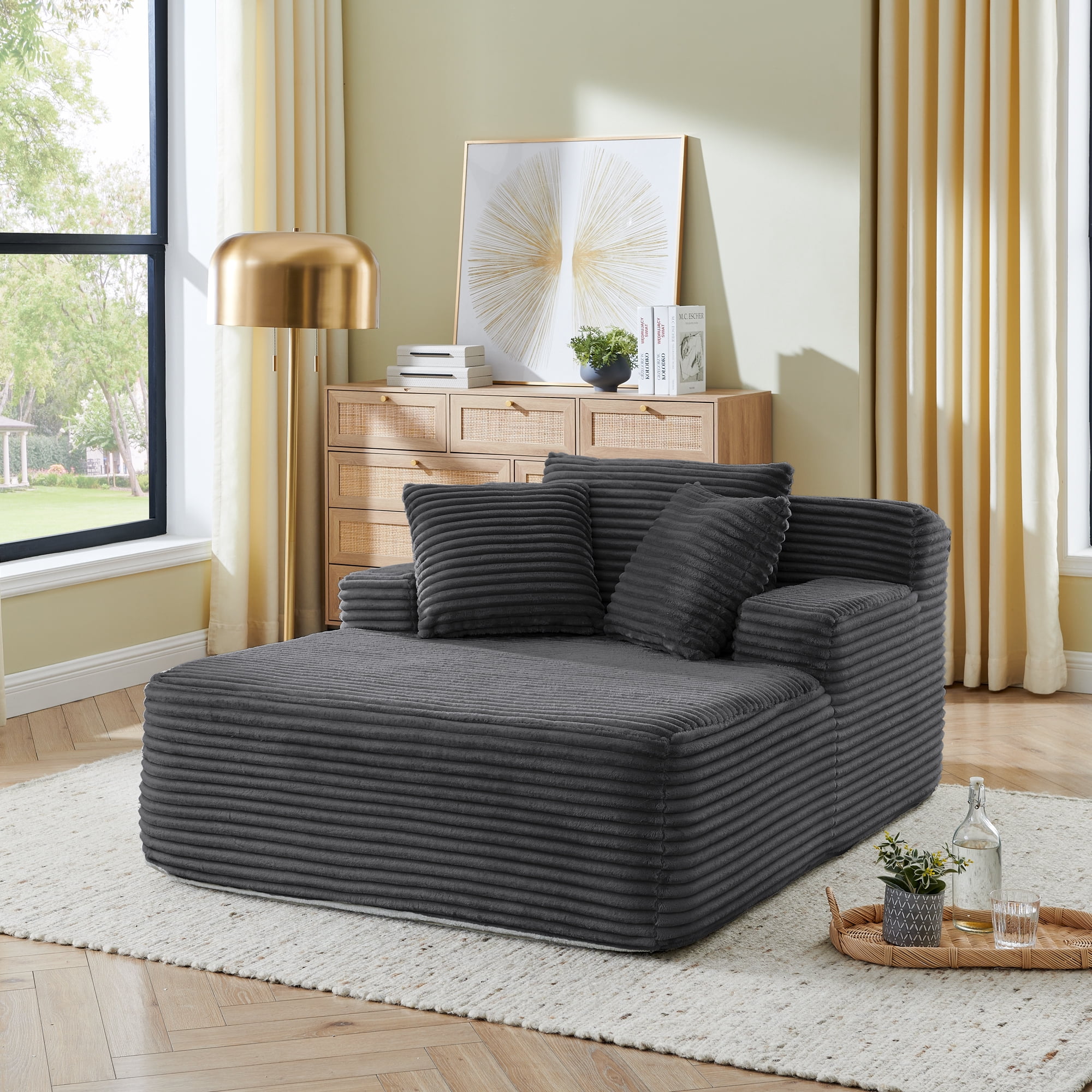 65"Oversized Chaise Lounge Chair Indoor, Cloud-Plush Corduroy Upholstered Sofa Bed with Pillows, Modern Deep Seat Cozy Sleeper Couch for Living Room, No Assembly Required, Deep Gray