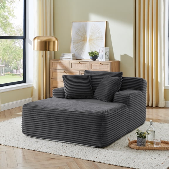 65"Oversized Chaise Lounge Chair Indoor, Cloud-Plush Corduroy Upholstered Sofa Bed with Pillows, Modern Deep Seat Cozy Sleeper Couch for Living Room, No Assembly Required, Deep Gray